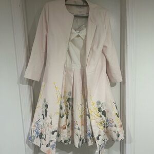 Ted Baker Pink and White Dress with Floral Accents. With matching pink coat.